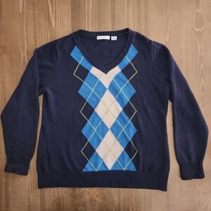 LIZ CLAIBORNE 100% Cotton Navy Argyle Sweater Men's Size XL Navy Blue Pullover